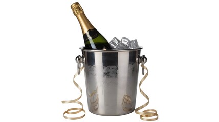 Chilled green glass champagne bottle sits in a silver metal ice bucket filled with ice cubes and gold ribbon, isolated against a bright white background.