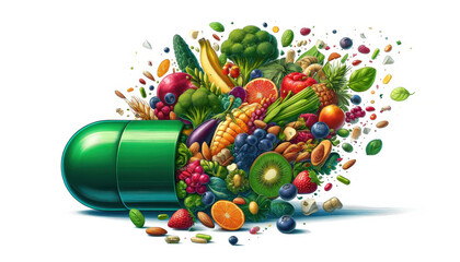 Nutritional supplement capsule filled with vegetables, fruit, and healthy ingredients