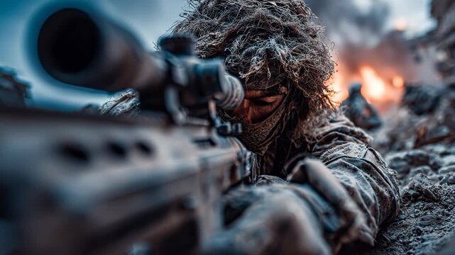 A sniper in winter camouflage aims through a rifle scope, surrounded by ruins and fire. A tense moment capturing precision and danger in urban combat.