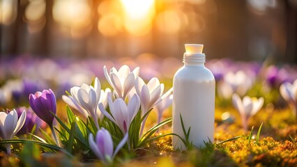 White bottle in a field of crocus flowers at sunset, representing natural beauty and organic skincare