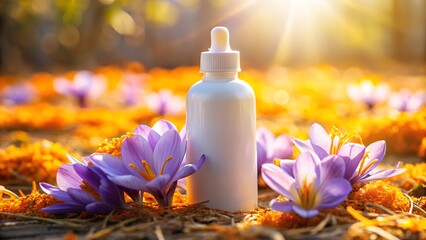 Aromatic saffron elixir in a white bottle surrounded by crocus flowers in a sunlit meadow