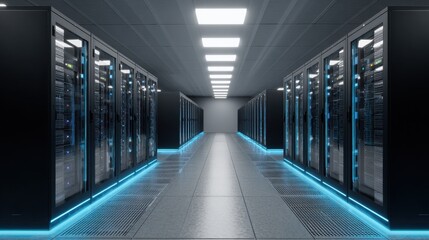 Fototapeta premium Modern Data Center with Server Racks and Blue Lighting in a High-Tech Environment