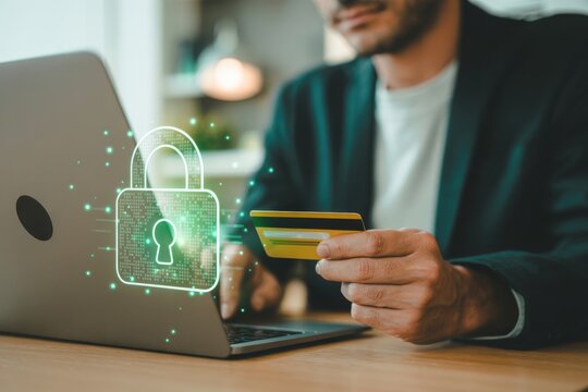 Man holding credit card and working on laptop with digital lock icon overlay - Powered by Adobe