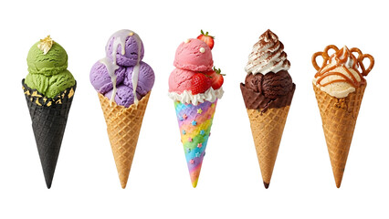 Ice cream cones on isolated background. Generative AI, collection of delicious ice cream in waffle cone, isolated on transparent background cutout, png different flavors mockup for design	