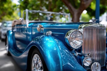 Shiny Blue Classic Convertible Car Close Up