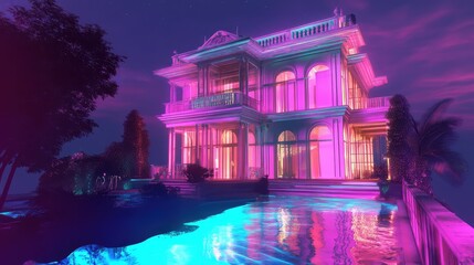 Luxury mansion architecture with vibrant neon lighting at night