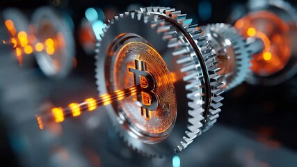 High-tech gear the Bitcoin emblem, Bitcoin shining under orange light, reflecting cryptocurrency energy, cryptocurrency movement, blockchain precision role in modern finance and digital investment.