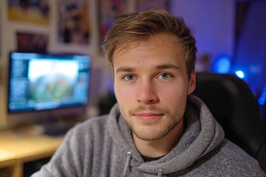 Young Youtuber in a Cozy Home Studio Creating Content in Casual Wear