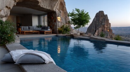 This image captures a serene poolside scene nestled among breathtaking rock formations, featuring a modern interior for relaxation and stunning views of nature.