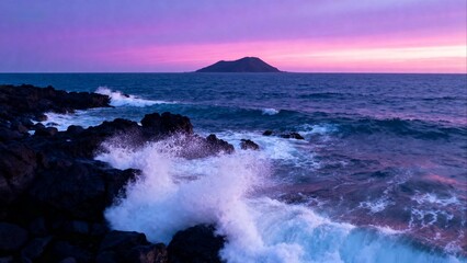 Obraz premium Ocean waves crashing on rocky shore at sunset