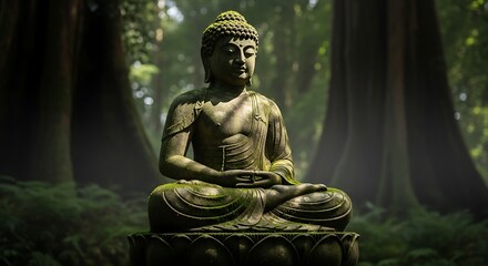 Serene Buddha Statue in Forest Meditation, Tranquil Spiritual Art.