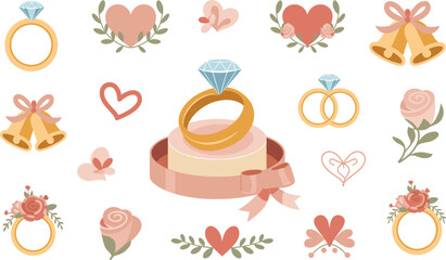 Wedding Rings, Cake & Love Elements Pack vector on white background