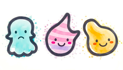 Charming watercolor illustration featuring expressive blob characters depicting various human emotions, from melancholy to pure joy, with artistic splatters.