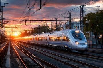 Fototapeta premium High Speed Train at Sunset in City