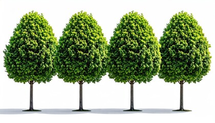Four Vibrant Green Topiary Trees Isolated on White Background with Smooth Trunks and Dense Foliage Casting Soft Shadows for Decorative Garden Element
