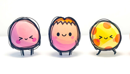 Whimsical illustration of three smiling, colorful cartoon egg characters with doodle outlines, exuding joy and cheerfulness