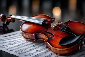 Fototapeta premium Violin on Sheet Music with Soft Lighting