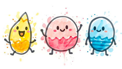 Vibrant watercolor doodles of happy abstract characters with expressive faces and colorful paint splashes.