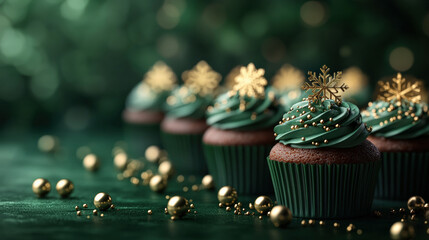 Cupcakes group smooth frosting green pattern light snowflake golden pastel colors, Christmas background