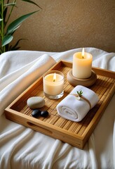 Tranquil spa scene with aromatic candles rolled towels and serene stones