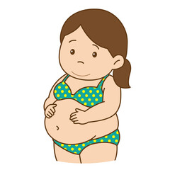 Overweight woman in green dot bikini big belly leg and fat chubby, Illustration cartoon drawing on white background