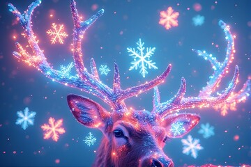 Christmas deer in snowy winter forest background
