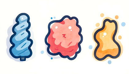 Collection of Playful Watercolor Abstract Organic Shapes with Dark Outlines and Bubbles on a Clean White Background