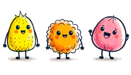 Three Adorable Smiling Cartoon Fruit and Vegetable Characters in a Whimsical Watercolor Illustration Style on White Background