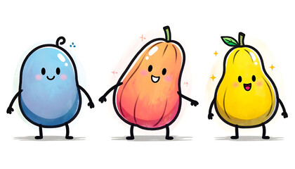 Adorable watercolor illustration of three cute cartoon fruit and vegetable characters smiling happily, standing on a clean white background.