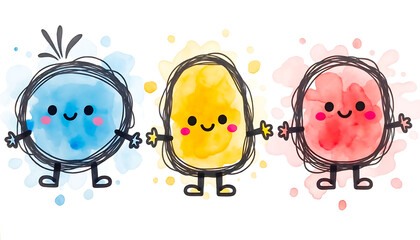 Obraz premium Cheerful watercolor doodle characters with happy faces and star hands in vibrant blue, orange, and red, isolated on a white background.