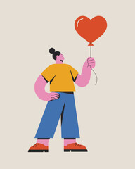 Girl holding heart shape air balloon. Abstract contemporary poster. Wall art design.