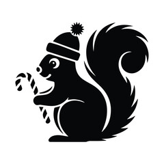Cute black squirrel wearing a winter hat holding a candy cane in its paw celebrating holidays silhouette