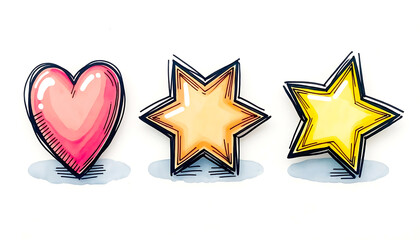 Collection of whimsical hand-drawn symbols: a vibrant pink heart, an orange six-point star, and a yellow five-point star with artistic outlines