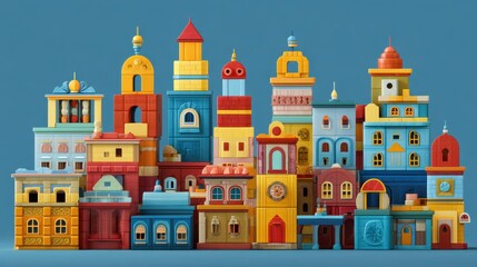 Naklejka premium Colorful Toy Buildings Arrangement in Vibrant Shapes and Designs for Creative Play