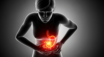 3D medical illustration of a woman suffering from severe stomach pain, with a glowing red stomach highlighting an ulcer, gastritis, or indigestion on a dark background.