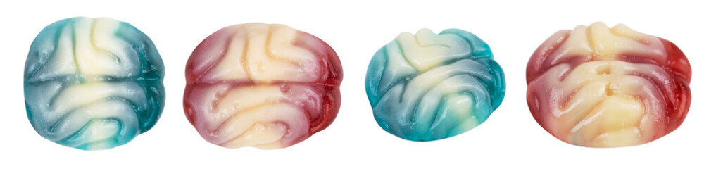 colorful fruit jelly candy in the shape of brain on white background