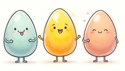 Playful digital illustration of three cute, colorful cartoon eggs featuring sweet smiling faces and friendly poses, perfect for joyful designs.