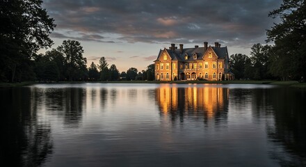 Historic mansion reflecting in lake at twilight with serene ambiance  