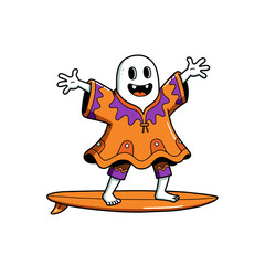 Cartoon ghost surfing on an orange board, wearing a colorful poncho and purple pants, smiling with raised arms.