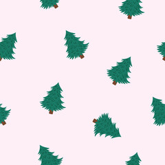 Fototapeta premium Seamless festive pattern with fir trees on pink background. 