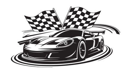 Speeding race car with chequered flags symbolizing victory and motorsport excitement