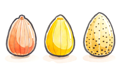 Vibrant watercolor illustration of three stylized almonds showcasing unique textures and colors, isolated on a clean white background.