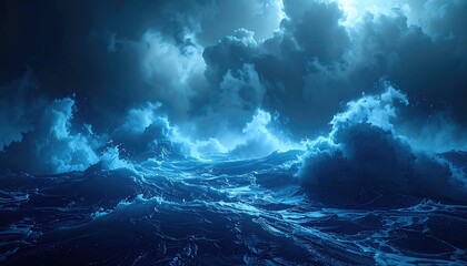 Moody seascape depicts a stormy ocean under a dramatic, cloudy sky