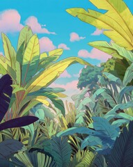 Vibrant Tropical Jungle Scene with Lush Greenery and Bright Blue Sky Background