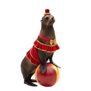 A circus seal balancing on a red and yellow ball wearing a red outfit with a small red hat on its head
