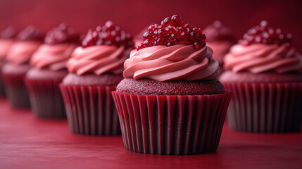 Cupcakes lined up row smooth frosting coral pattern light red pastel colors, minimalistic background