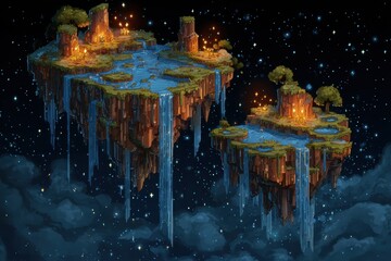 Dreamlike Floating Islands with Rivers and Luminous Trees Under a Starry Sky at Night