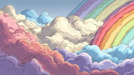 Colorful Clouds and Rainbow in a Dreamy Sky with Pastel Hues and Soft Textures