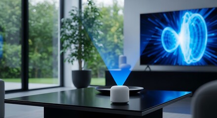 Smart speaker projecting holographic interface in modern living room