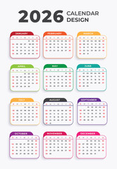 2026 calendar, 2026 year wall calendar for monthly and daily agenda. Colorful schedule page journal, stationery calendar, organizer, planner template	
